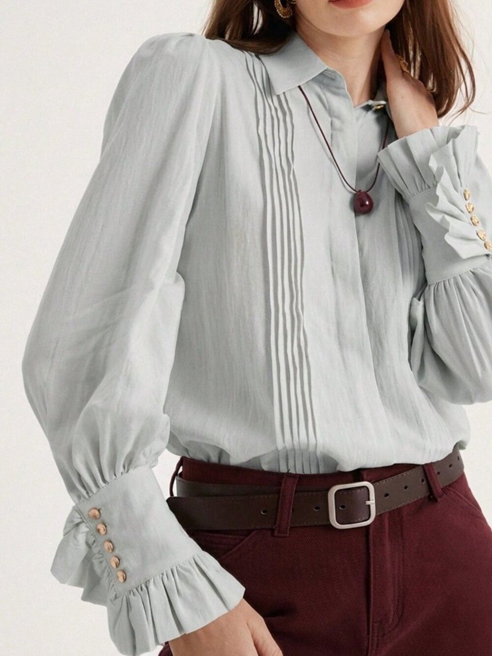 Baby Blue Casual Women's French Pleated Collar Button Long Sleeve Shirt